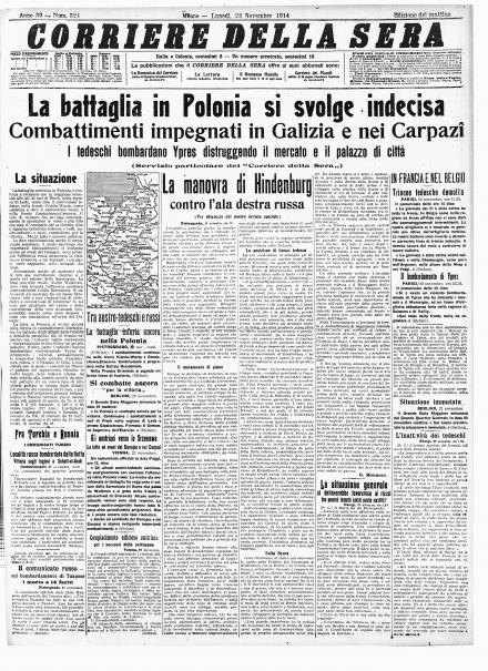 La prima pagina del Corriere della Sera del 23 novembre 1914