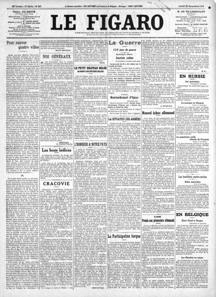 La prima pagina di Le Figaro del 23 novembre 1914