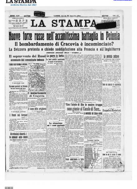 La prima pagina de La Stampa del 24 novembre 1914