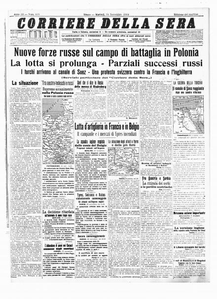 La prima pagina del Corriere della Sera del 24 novembre 1914