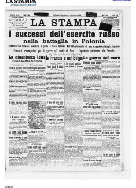 La prima pagina de La Stampa del 25 novembre 1914