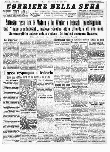 La prima pagina del Corriere della Sera del 25 novembre 1914