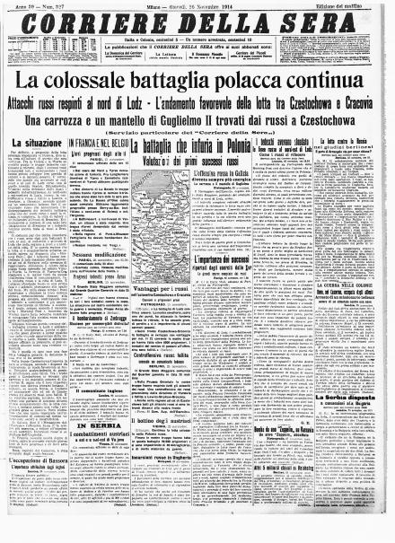 La prima pagina del Corriere della Sera del 26 novembre 1914