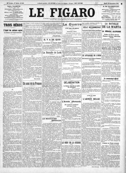 La prima pagina di Le Figaro del 26 novembre 1914