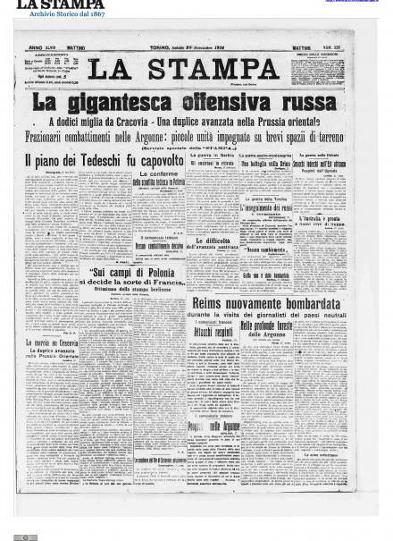 La prima pagina de La Stampa del 28 novembre 1914