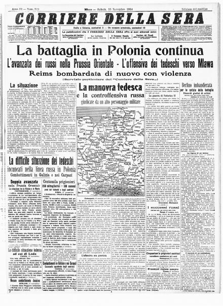 La prima pagina del Corriere della Sera del 28 novembre 1914