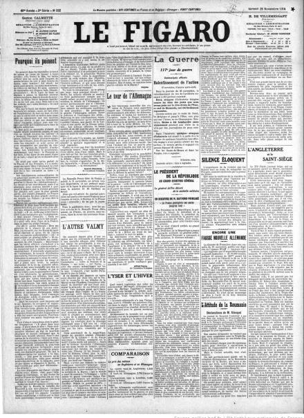 La prima pagina di Le Figaro del 28 novembre 1914
