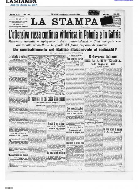 La prima pagina de La Stampa del 29 novembre 1914