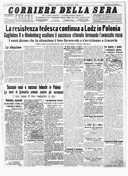 La prima pagina del Corriere della Sera del 29 novembre 1914