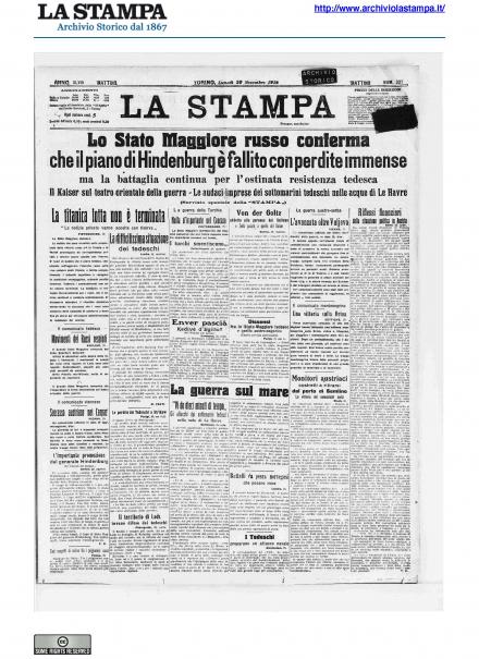 La prima pagina de La Stampa del 30 novembre 1914