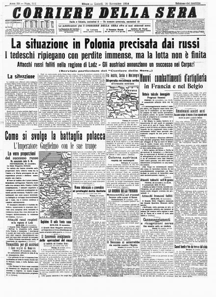 La prima pagina del Corriere della Sera del 30 novembre 1914