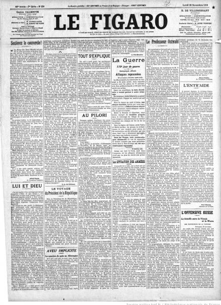 La prima pagina di Le Figaro del 30 novembre 1914