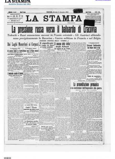 La prima pagina de La Stampa dell'1 dicembre 1914
