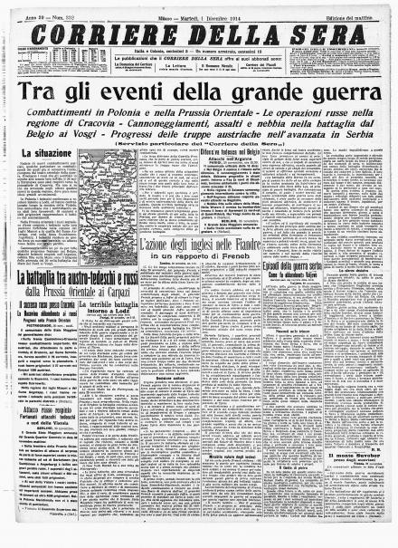 La prima pagina del Corriere della Sera dell'1 dicembre 1914