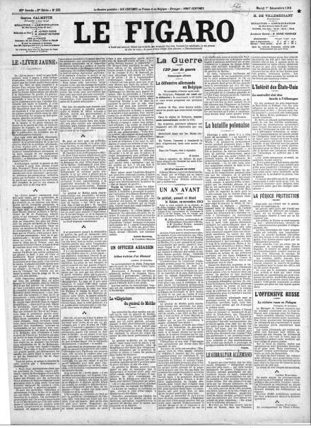 La prima pagina di Le Figaro dellì1 dicembre 1914
