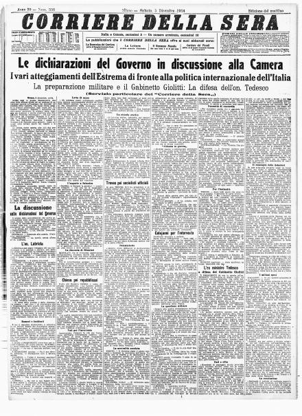 La prima pagina del Corriere della Sera del 2 dicembre 1914