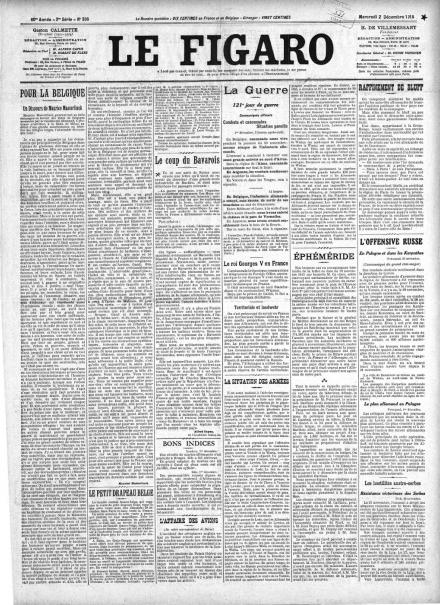 La prima pagina di Le Figaro del 2 dicembre 1914