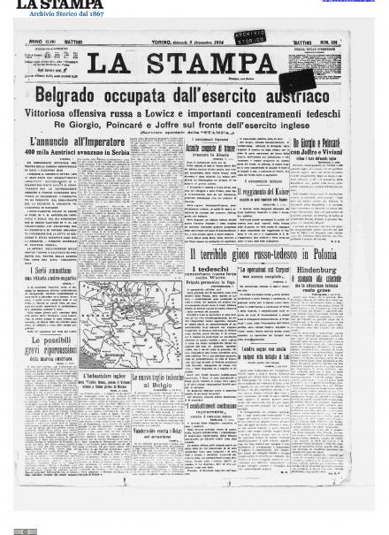 La prima pagina de La Stampa del 3 dicembre 1914