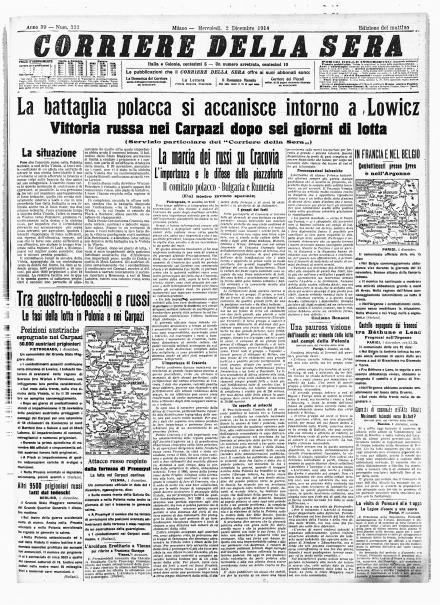 La prima pagina del Corriere della Sera del 3 dicembre 1914