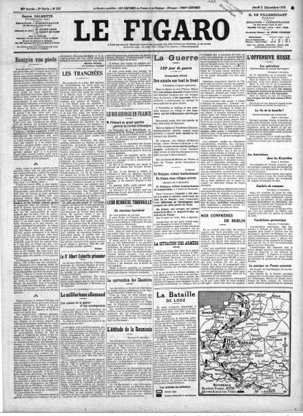 La prima pagina di Le Figaro del 3 dicembre 1914