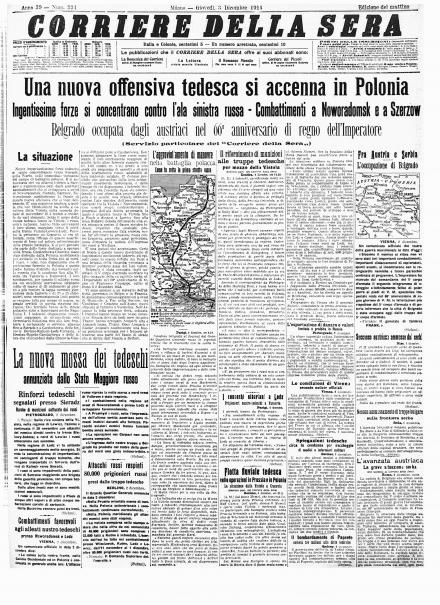 La prima pagina del Corriere della Sera del 4 dicembre 1914