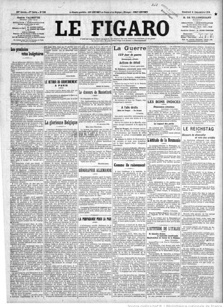 La prima pagina di Le Figaro del 4 dicembre 1914