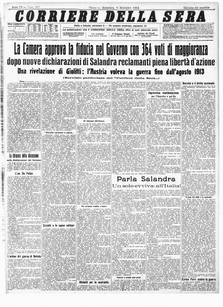 La prima pagina del Corriere della Sera del 6 dicembre 1914