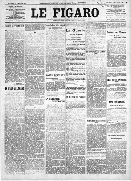 La prima pagina di Le Figaro del 6 dicembre 1914