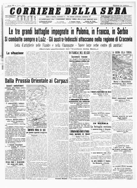 La prima pagina del Corriere della Sera del 7 dicembre 1914