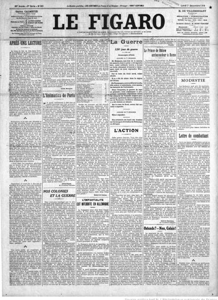 La prima pagina di Le Figaro del 7 dicembre 1914