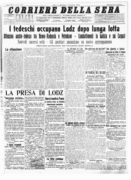 La prima pagina del Corriere della Sera del 8 dicembre 1914