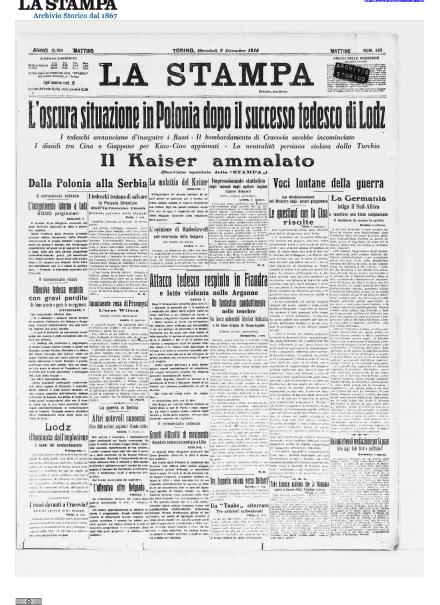 La prima pagina de La Stampa del 9 dicembre 1914