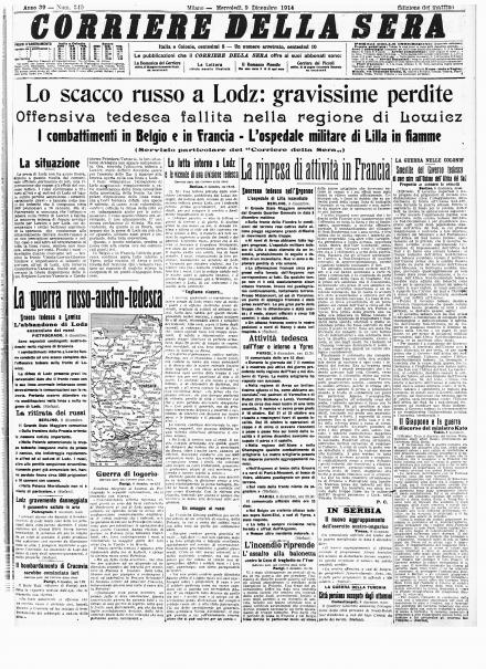 La prima pagina del Corriere della Sera del 9 dicembre 1914