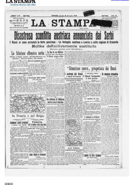 La prima pagina de La Stampa del 10 dicembre 1914