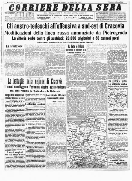 La prima pagina del Corriere della Sera del 10 dicembre 1914