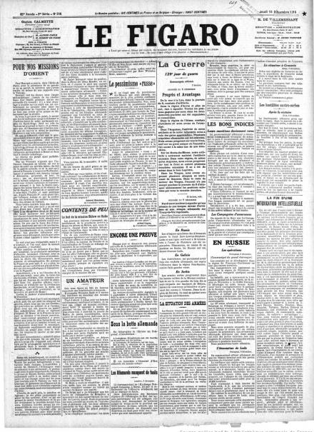 La prima pagina di Le Figaro del 10 dicembre 1914