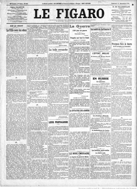 La prima pagina di Le Figaro del 11 dicembre 1914