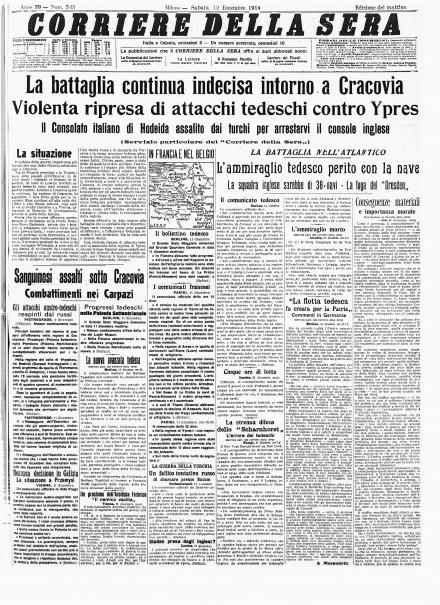 La prima pagina del Corriere della Sera del 12 dicembre 1914