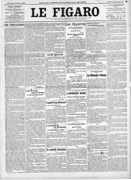 La prima pagina di Le Figaro del 12 dicembre 1914