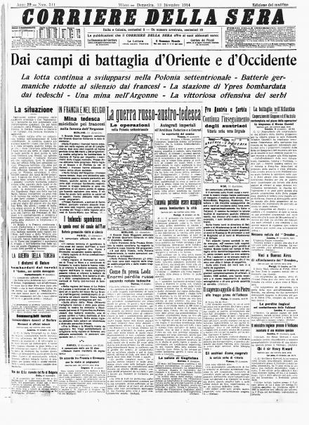 La prima pagina del Corriere della Sera del 13 dicembre 1914