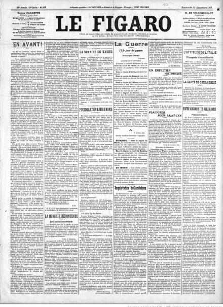 La prima pagina di Le Figaro del 13 dicembre 1914