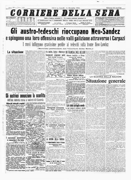 La prima pagina del Corriere della Sera del 14 dicembre 1914