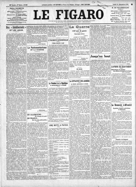 La prima pagina di Le Figaro del 14 dicembre 1914