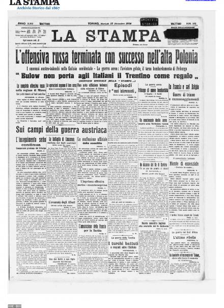 La prima pagina de La Stampa del 15 dicembre 1914