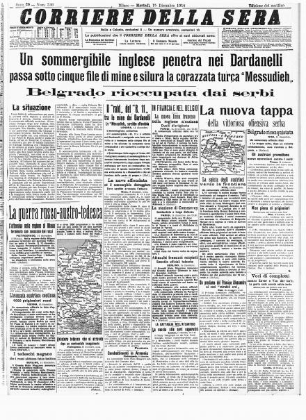 La prima pagina del Corriere della Sera del 15 dicembre 1914
