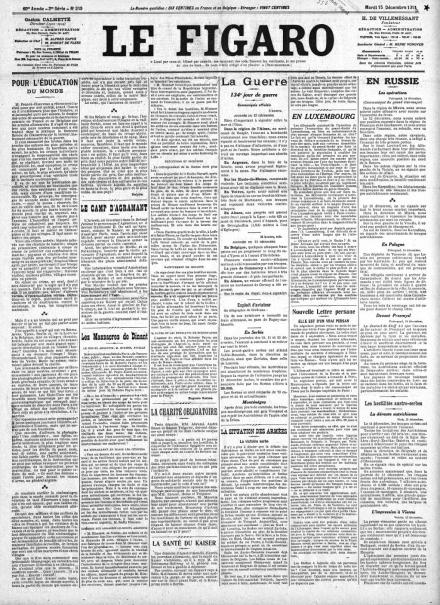 La prima pagina di Le Figaro del 15 dicembre 1914