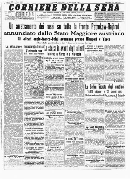 La prima pagina del Corriere della Sera 16 dicembre 1914