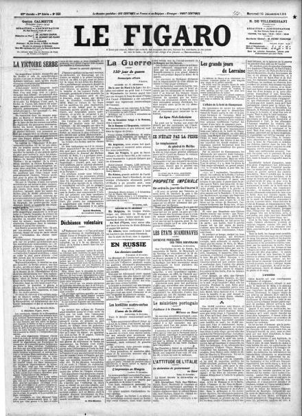 La prima pagina di Le Figaro del 16 dicembre 1914.