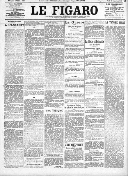 La prima pagina di Le Figaro del 17 dicembre 1914