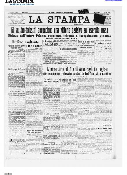 La prima pagina de La Stampa 18 dicembre 1914